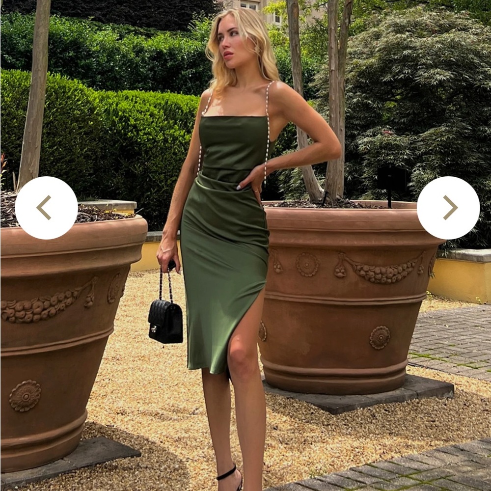 Dark Green Satin faux-Pearl strapped Dress